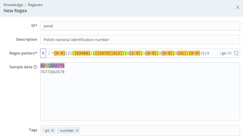 New Regex modal with a pattern and sample data