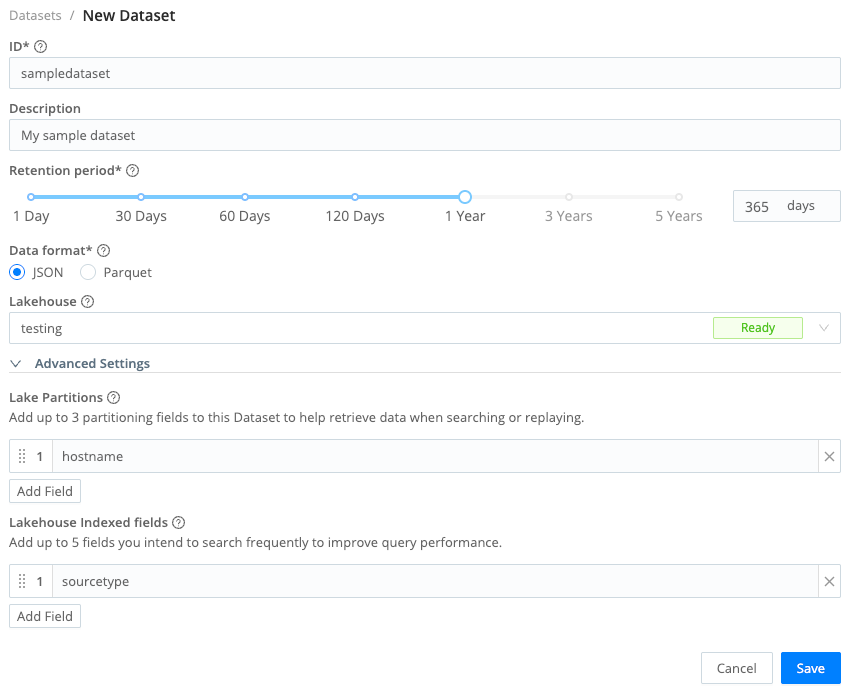 Modal for adding Cribl Lake Datasets with the form filled in