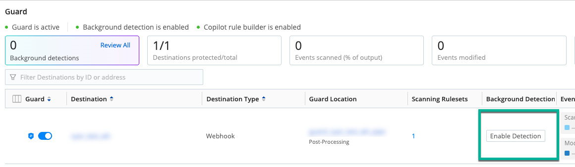 Guard homepage with background detection column and Enable Detection