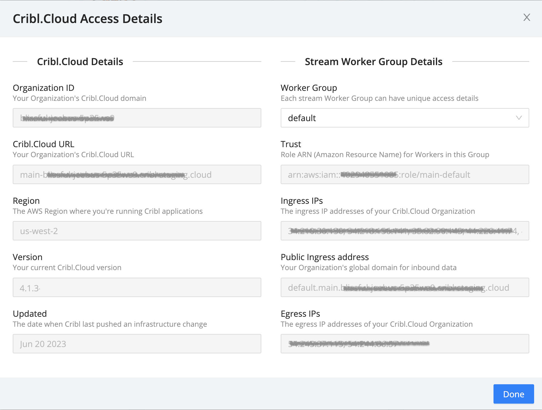 Access Details modal for a provisioned Group