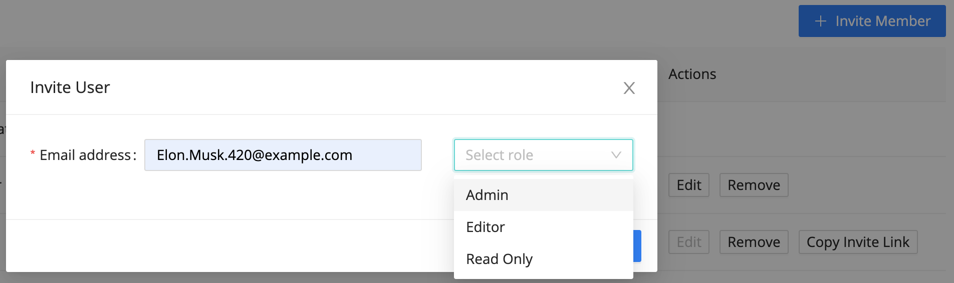 Invite User modal