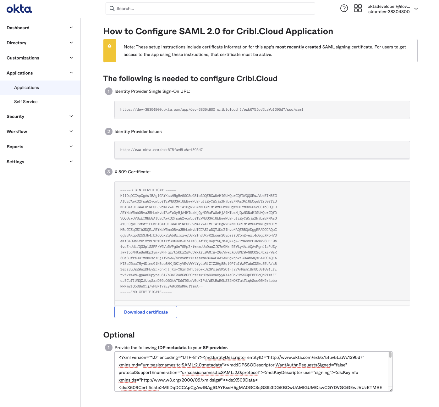 SAML metadata in Okta’s UI