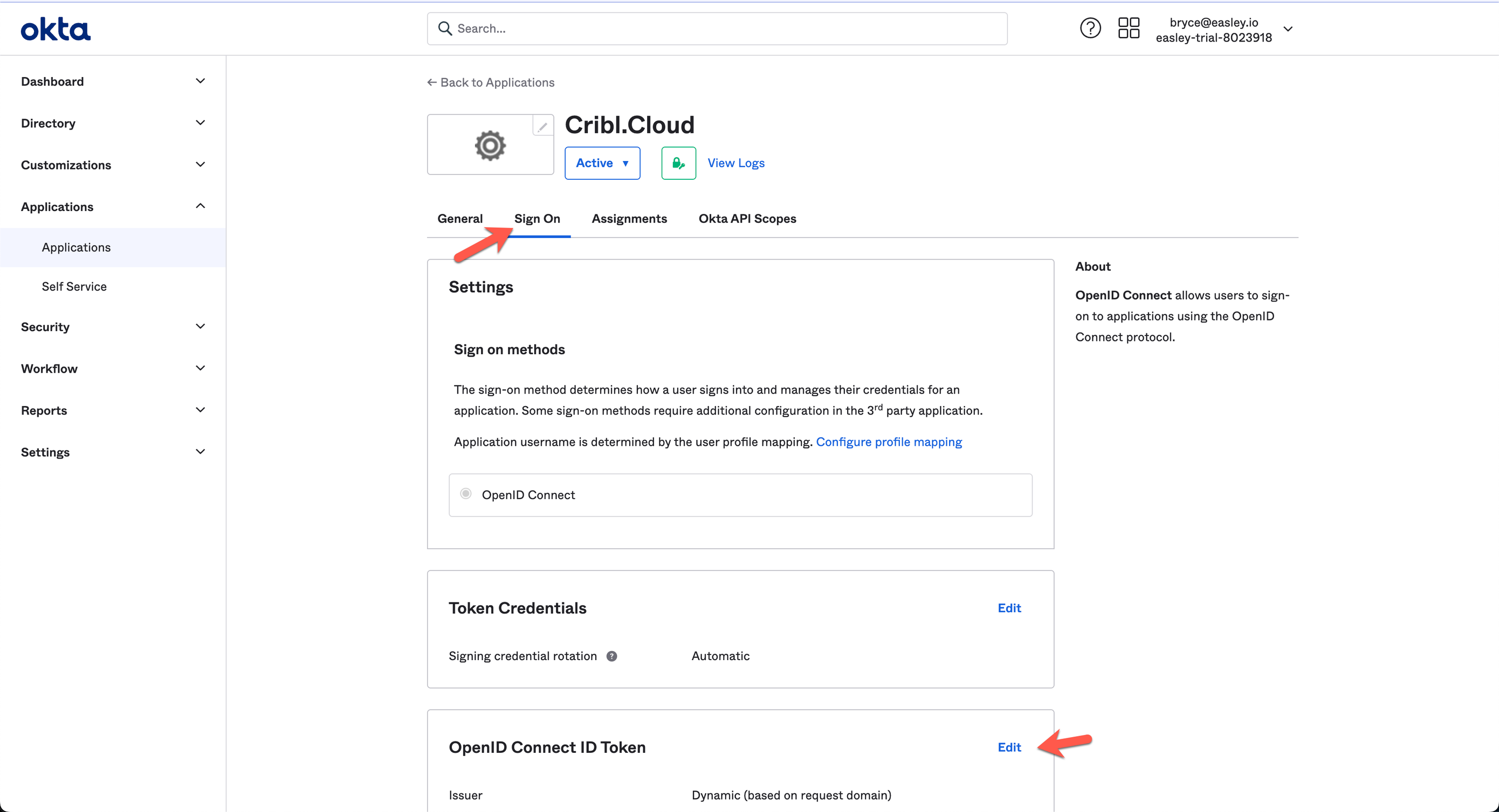 Sign-On tab’s Settings/Tokens sections