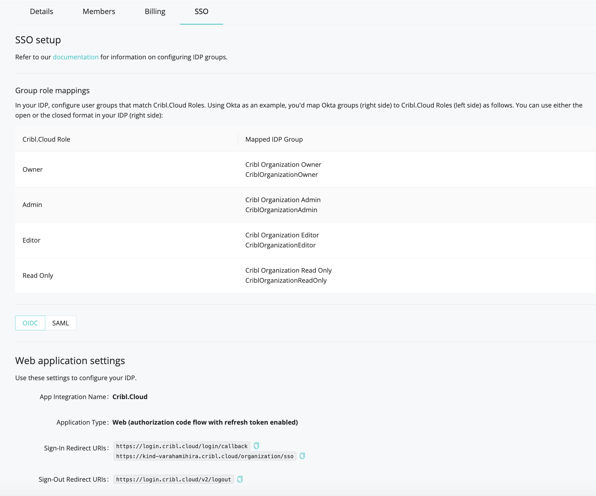 Organization page SSO tab