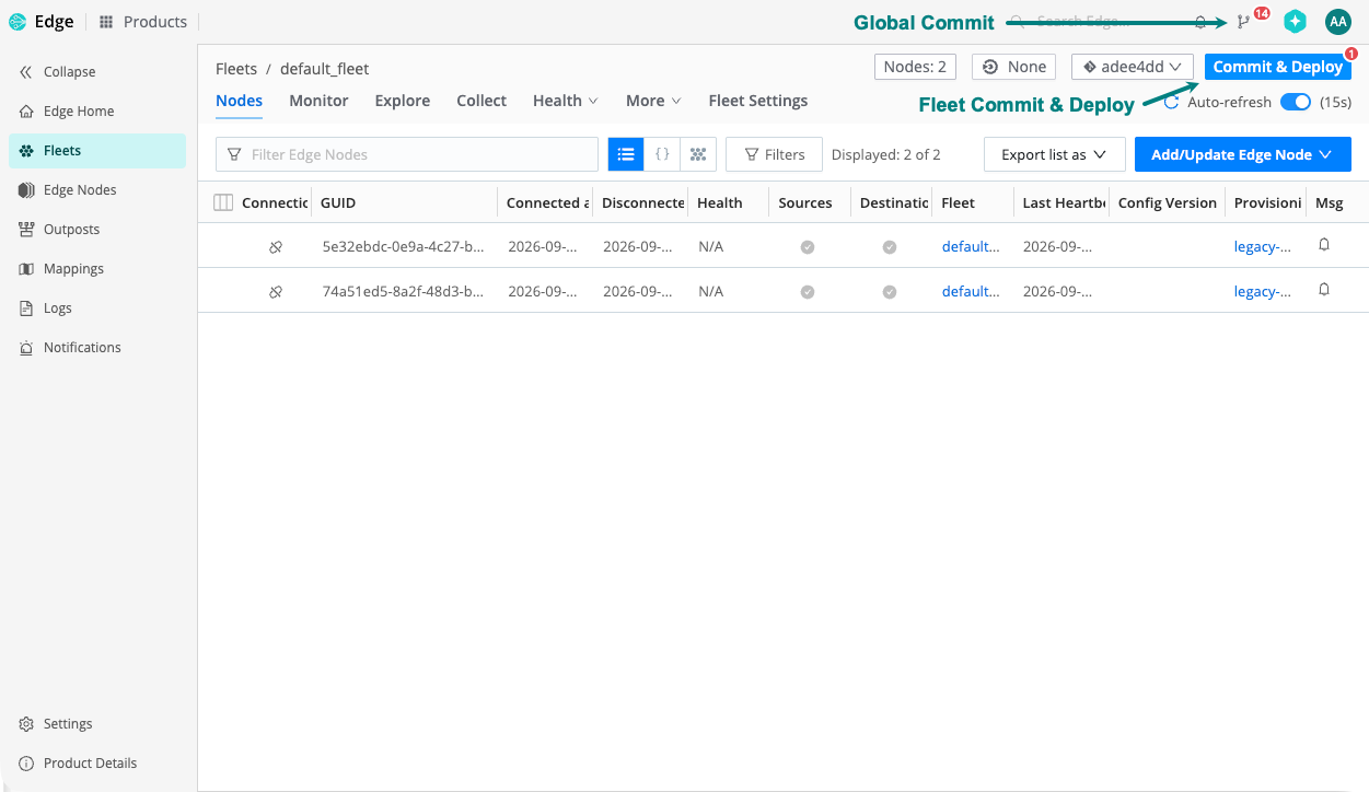 Edge Fleet page with Fleet-specific Commit & Deploy button, and the global commit icon highlighted