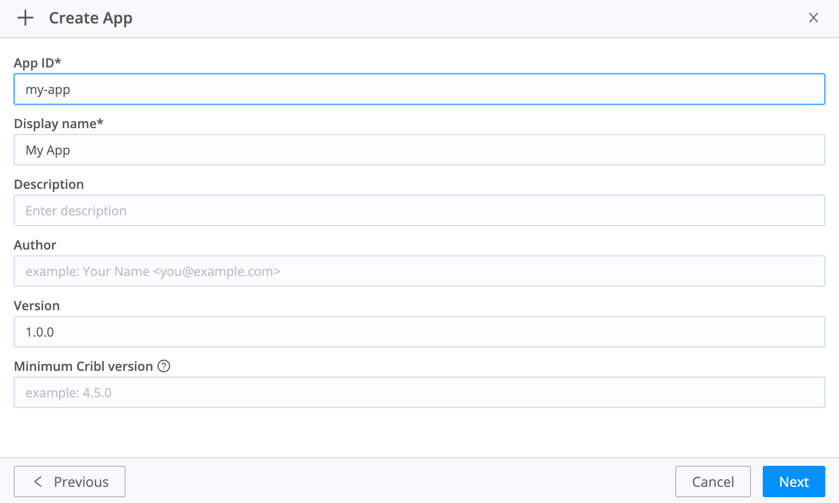 App metadata form in the Create App wizard