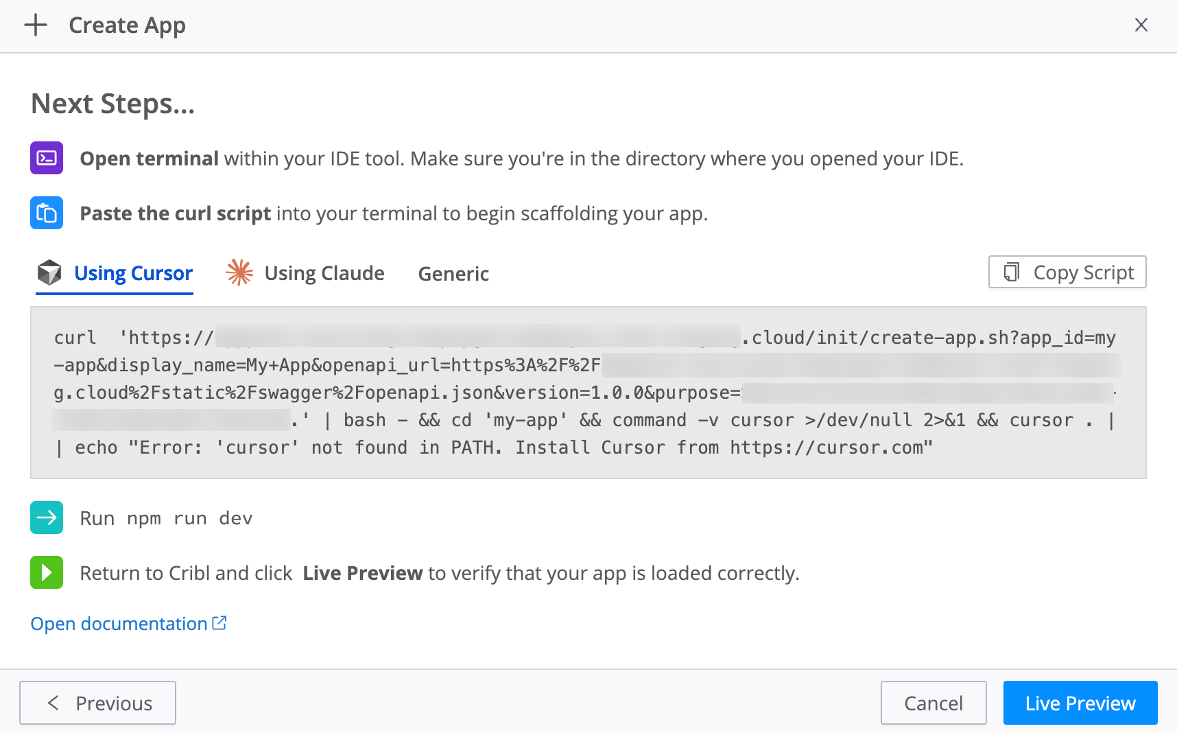 Scaffold step with tabs, Copy Script, and Live Preview