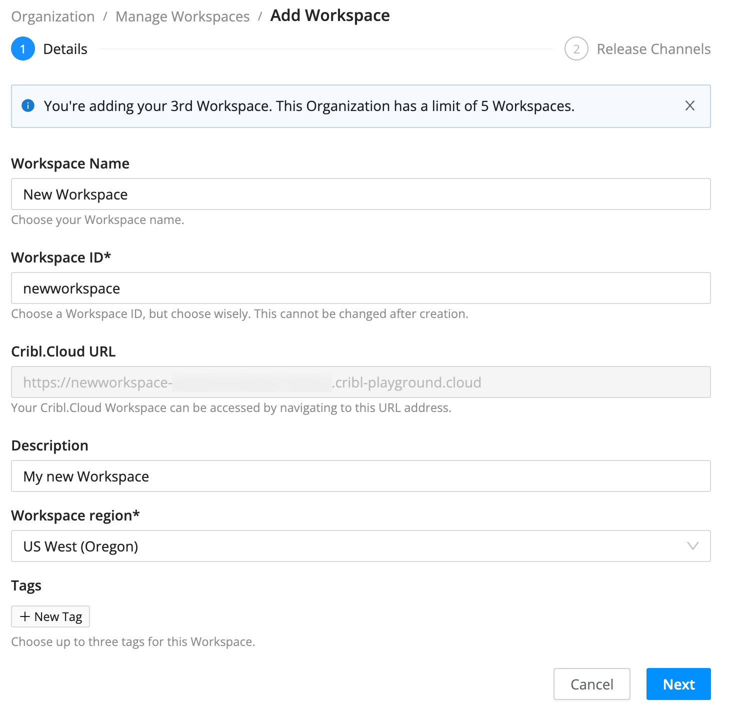 Form for creating Workspaces, including Workspace Name, ID, Description, Region, and Tags