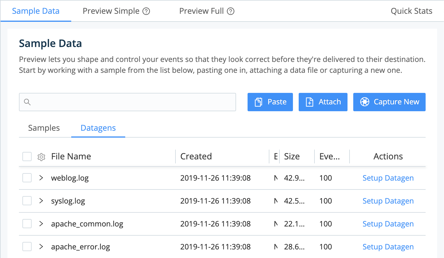 Preview pane – add samples via paste,  attach/upload file, or live capture