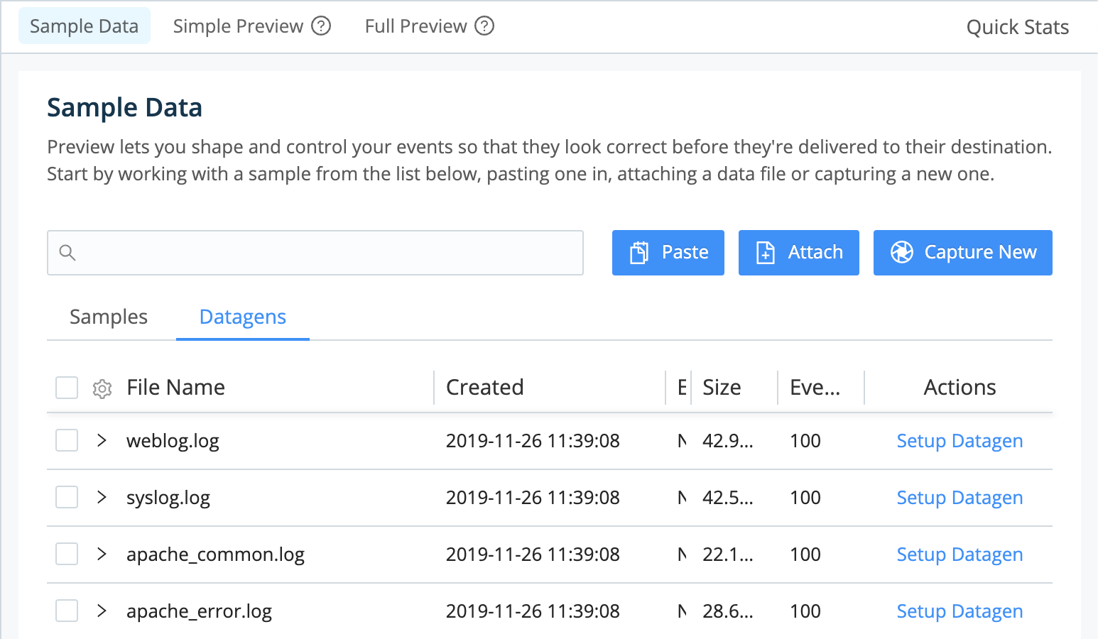 Preview pane – add samples via paste, attach/upload file, or live capture