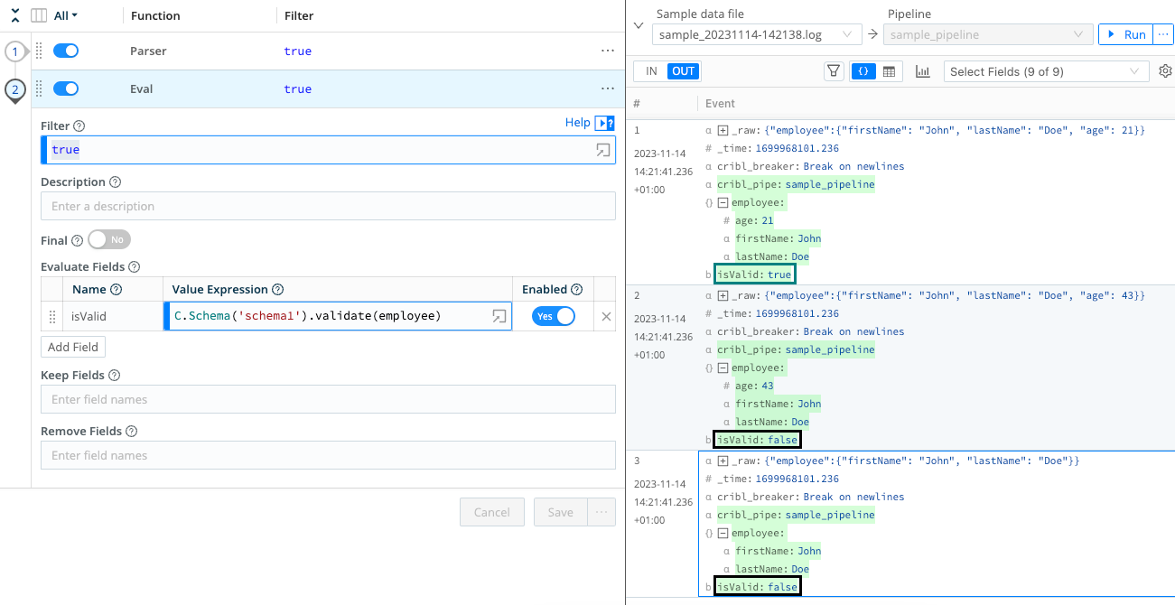 Schema validation results for the above events