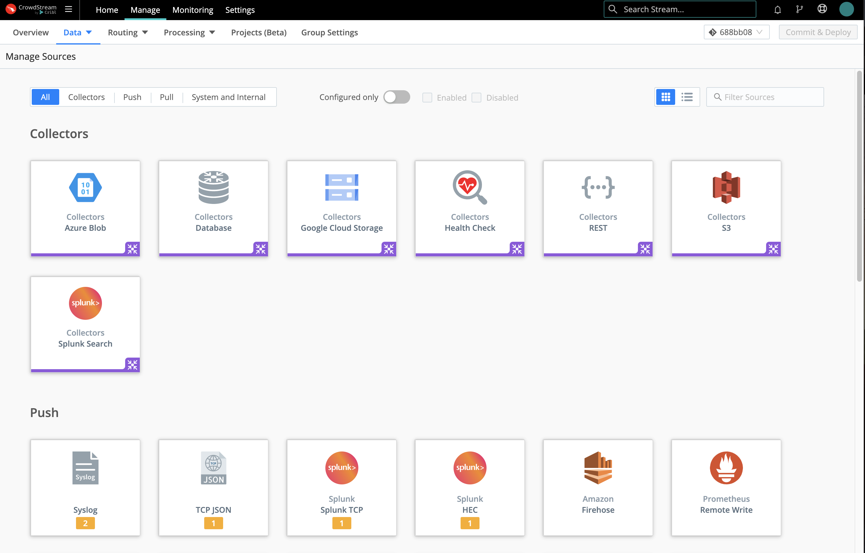 Manage Sources page