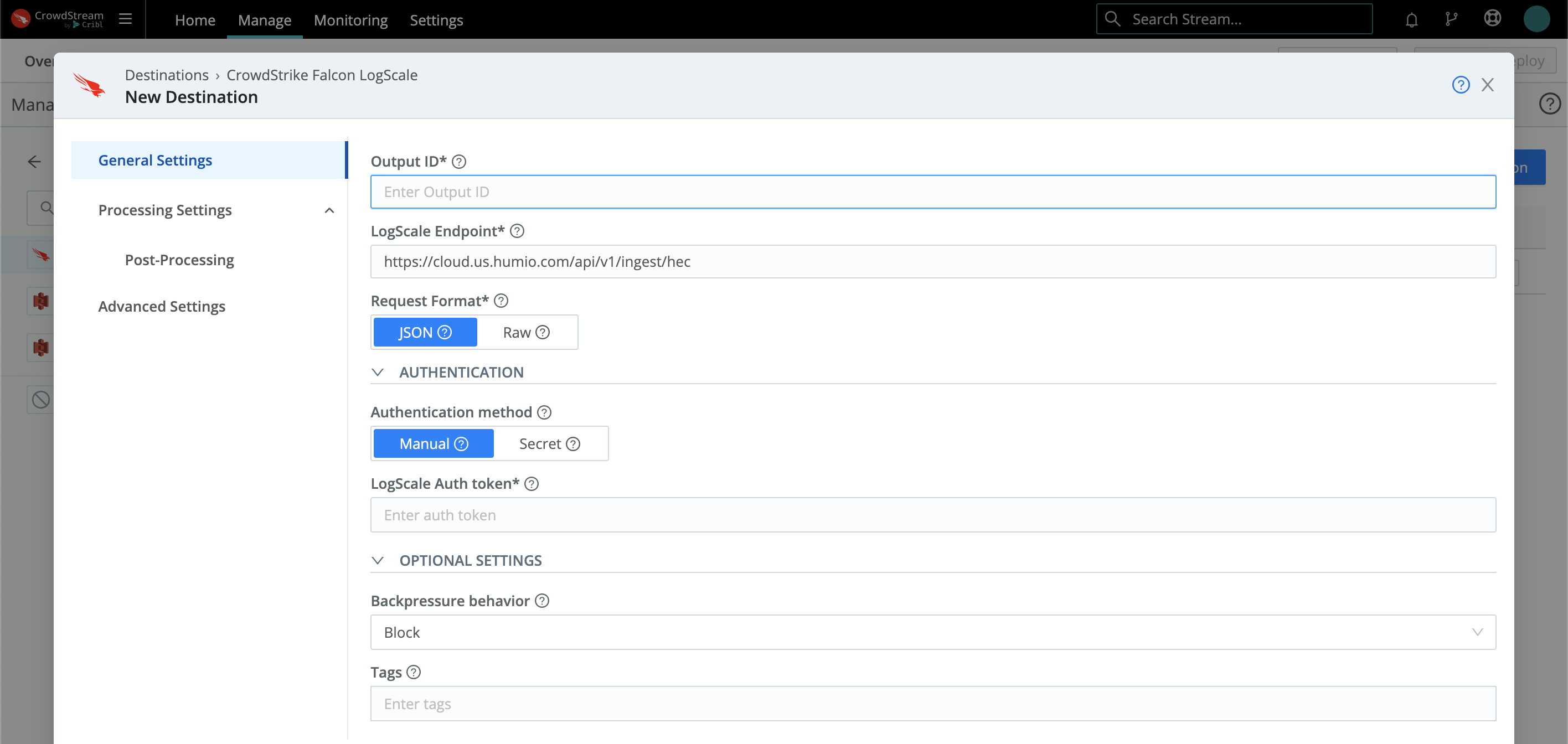 LogScale config modal