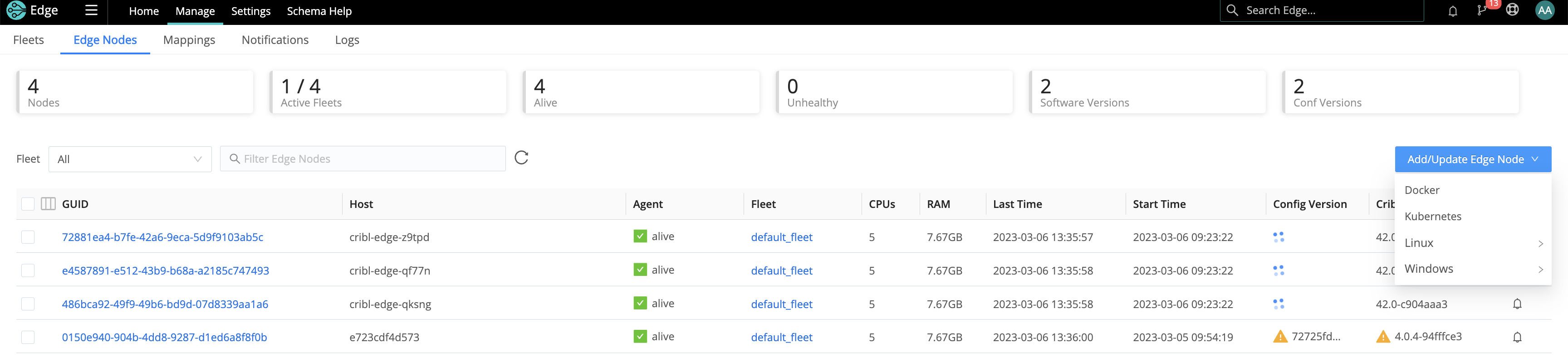 Options to add or update an Edge Node