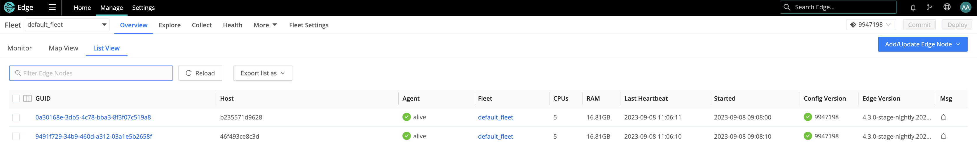 Edge Node list view