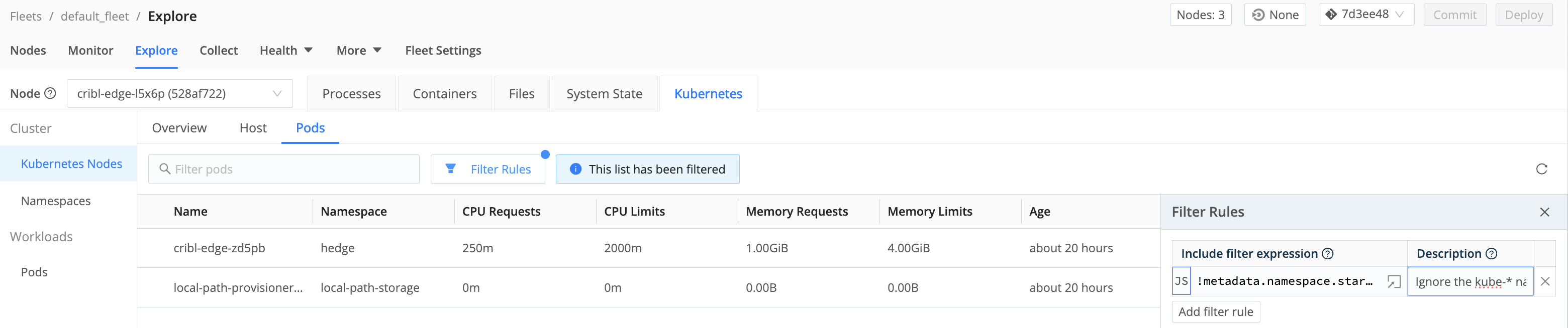 Kubernetes node: Pods tab