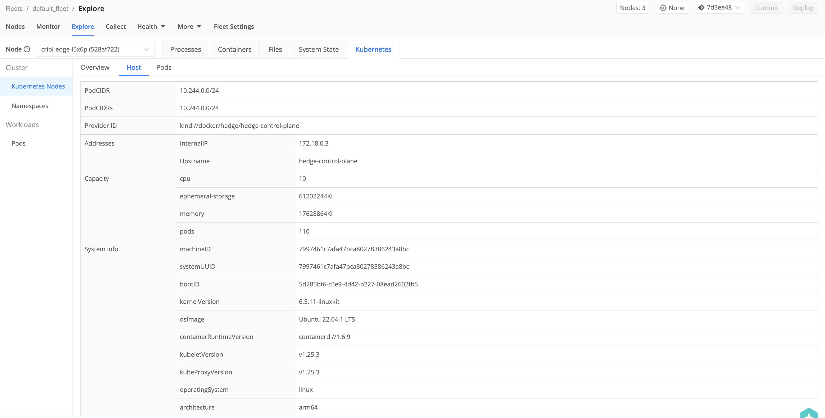 Kubernetes node: Host tab