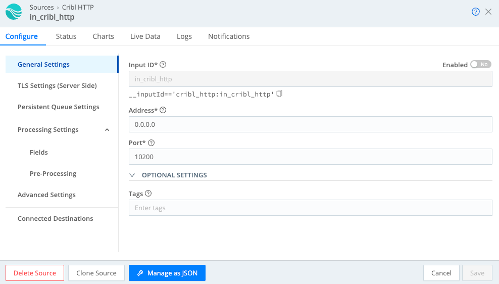 Cribl HTTP Source modal in Cribl Stream.