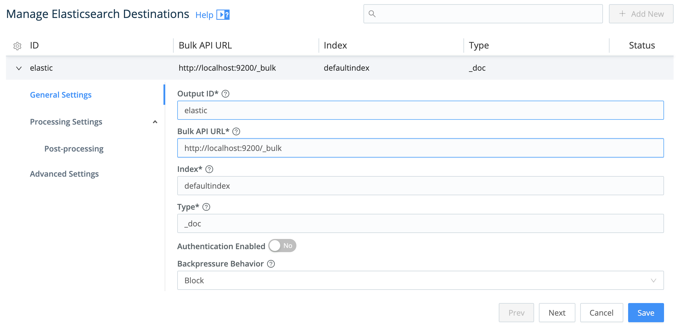 Elasticsearch Destination configuration