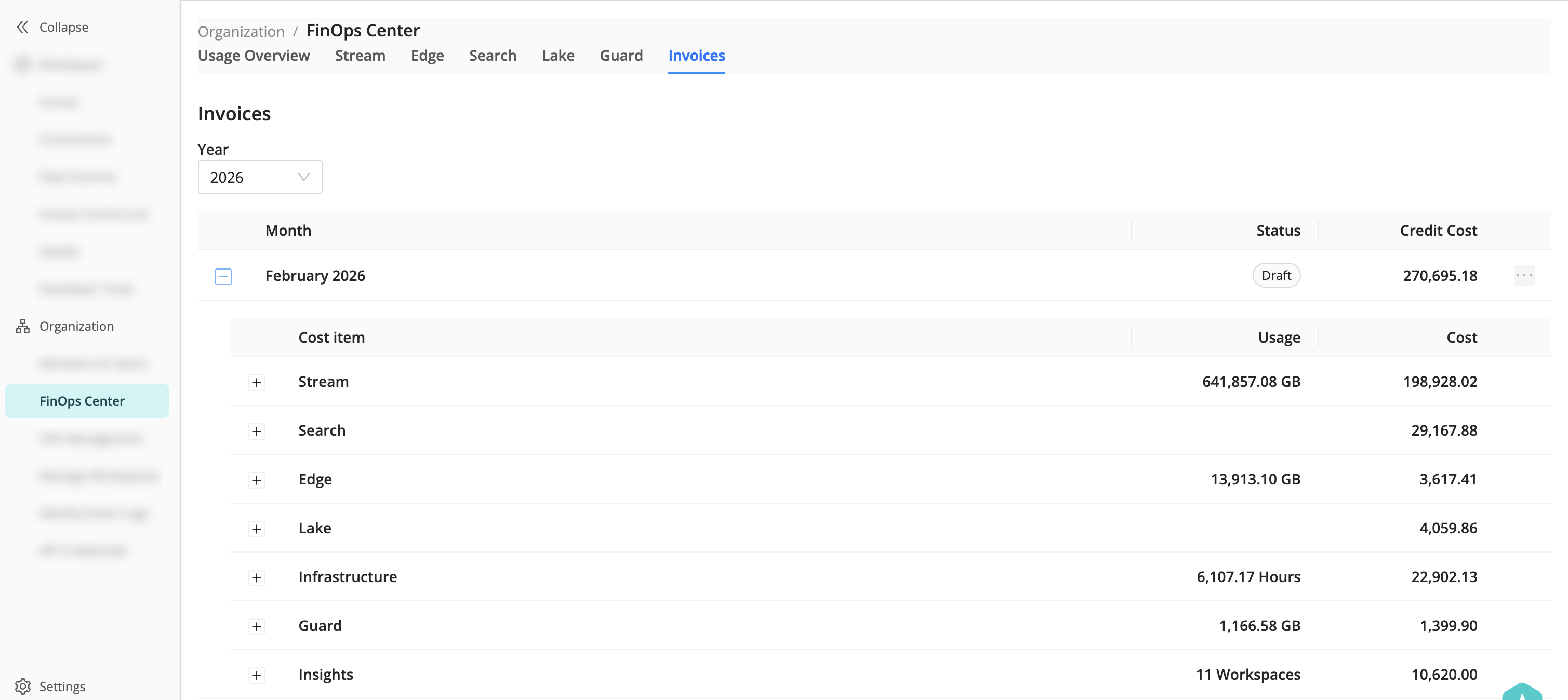 Monthly invoice information