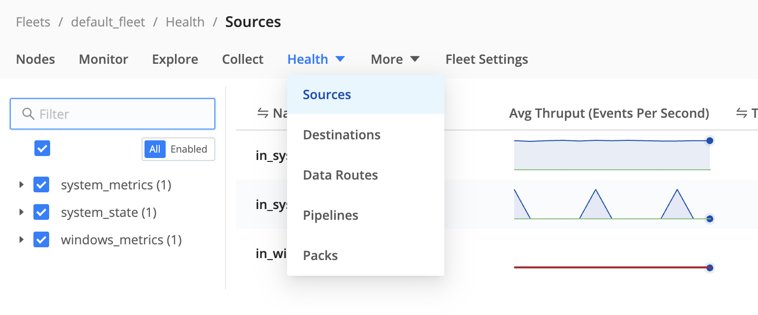 Fleet Health drop-down listing available resource options