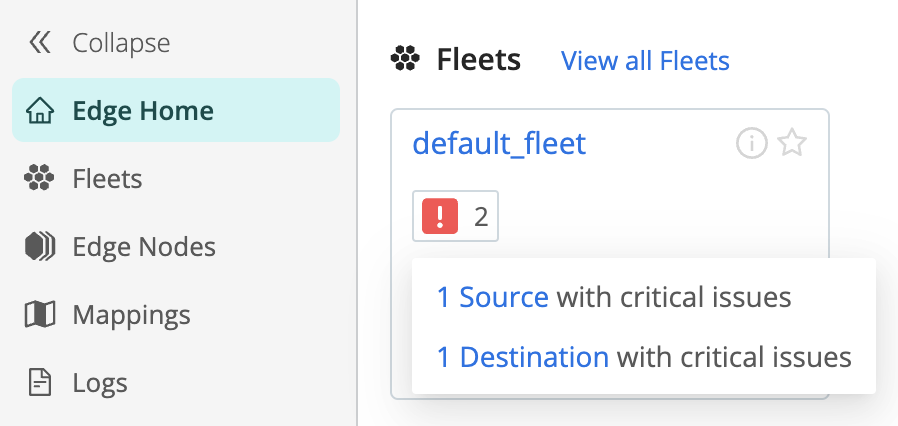 Fleet-level Source and Destination health status icons