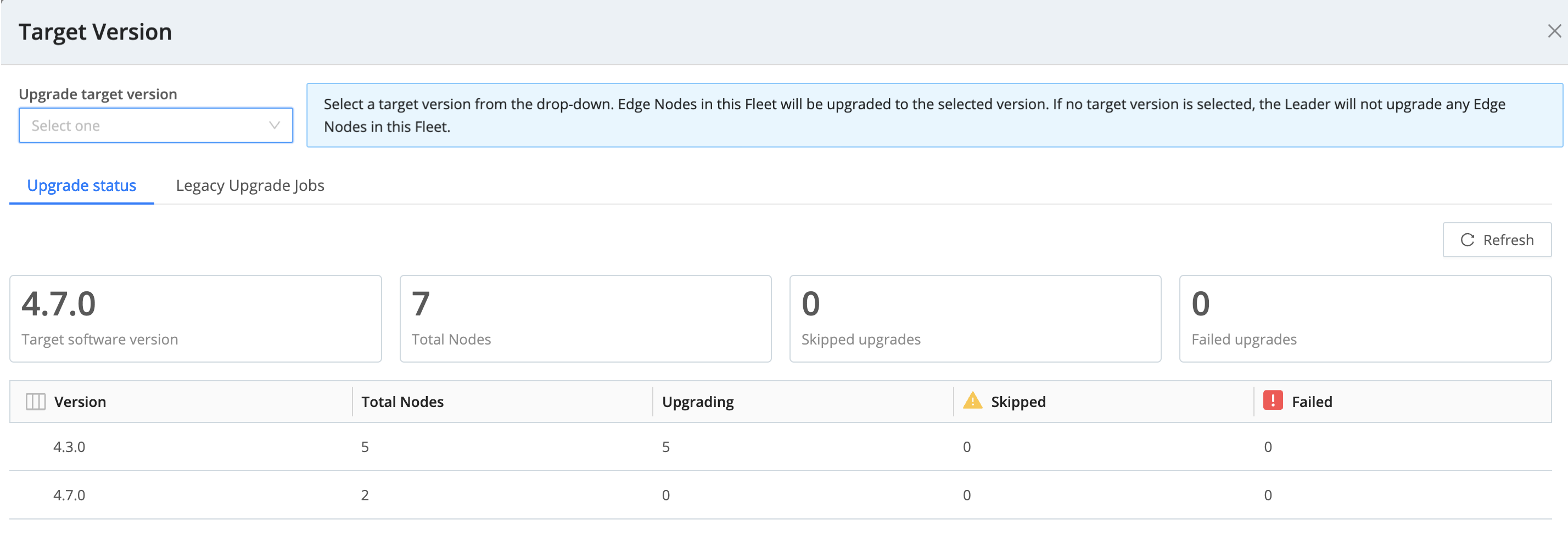 A popup window titled “Target Version” that shows the upgrade status of Edge Nodes in a Fleet