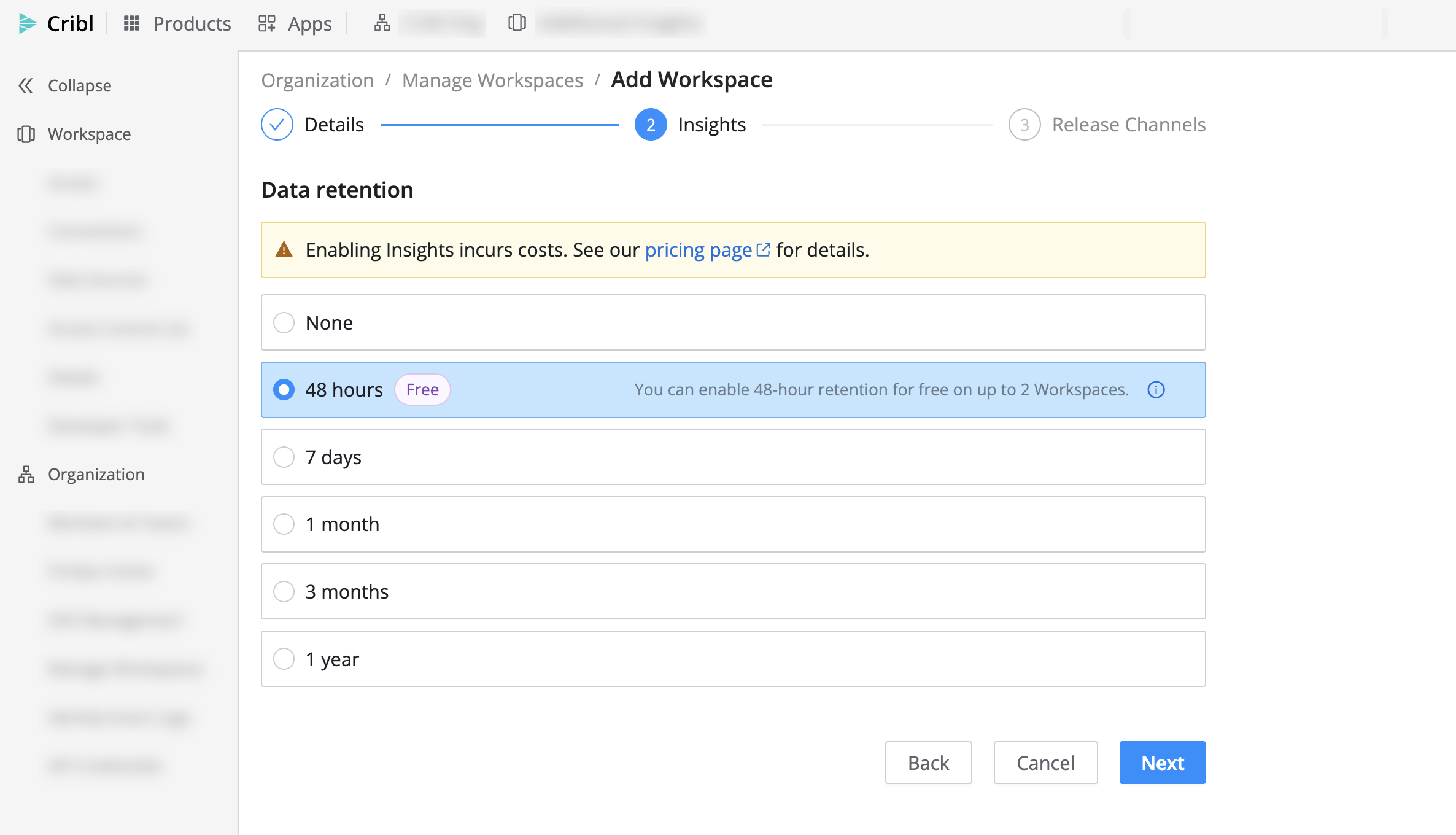 Add Workspace Insights step with Data retention options, including None and free 48-hour quota copy