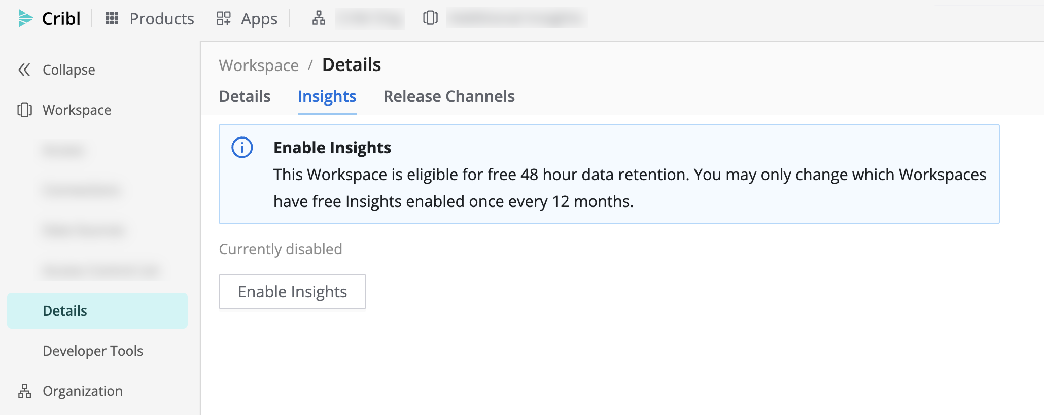 Insights tab on Workspace Details, with Enable Insights and free 48-hour eligibility messaging