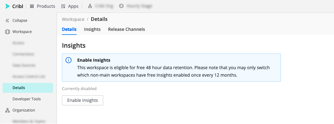Insights tab on Workspace Details, with Enable Insights and free 48-hour eligibility messaging