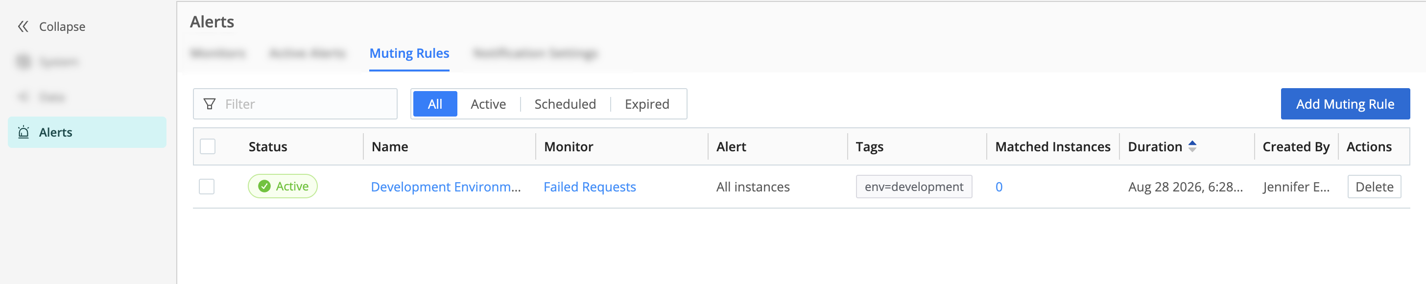Muting Rules tab listing a rule with Monitor, Alert, Tags, and Matched Instances columns