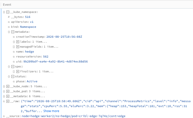 Example Kubernetes Logs Source Event with the __kube.metadata object