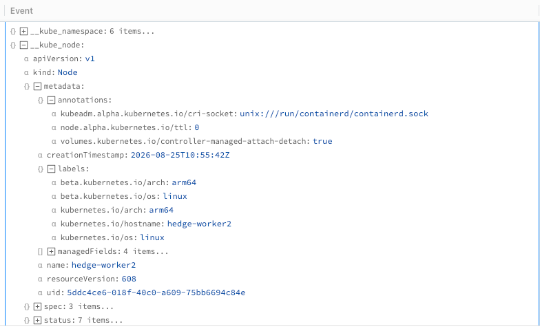 Example Kubernetes Logs Source Event with the __kube.node object