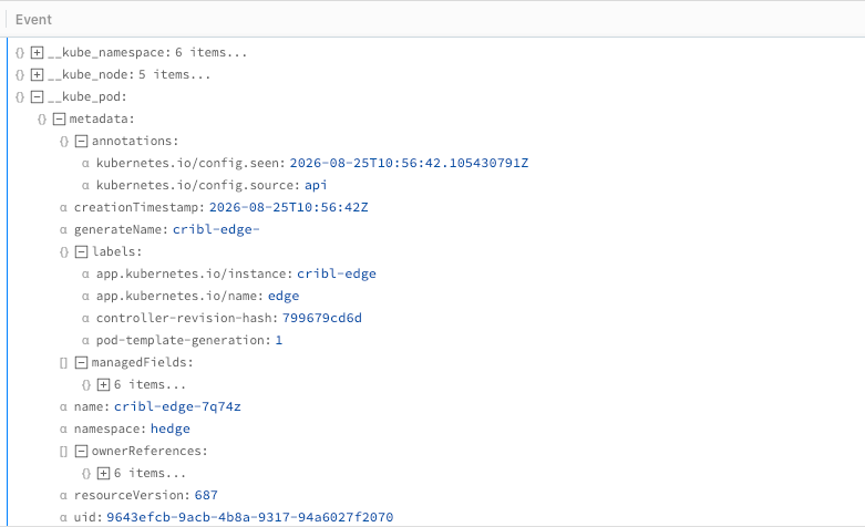 Example Kubernetes Logs Source Event with the __kube.pod object
