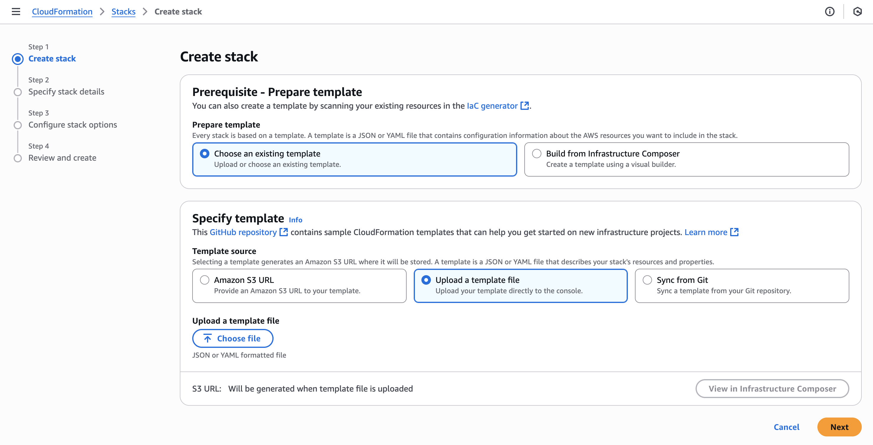 Screenshot of AWS CloudFormation “Create stack” page, showing selected radio button to upload template from Cribl Lake.