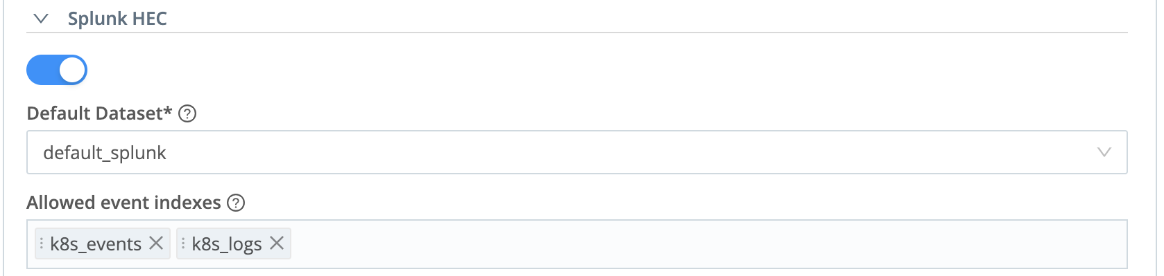 Screenshot of Splunk HEC configuration options, showing “Default Dataset” and “Allowed even indexes” controls.