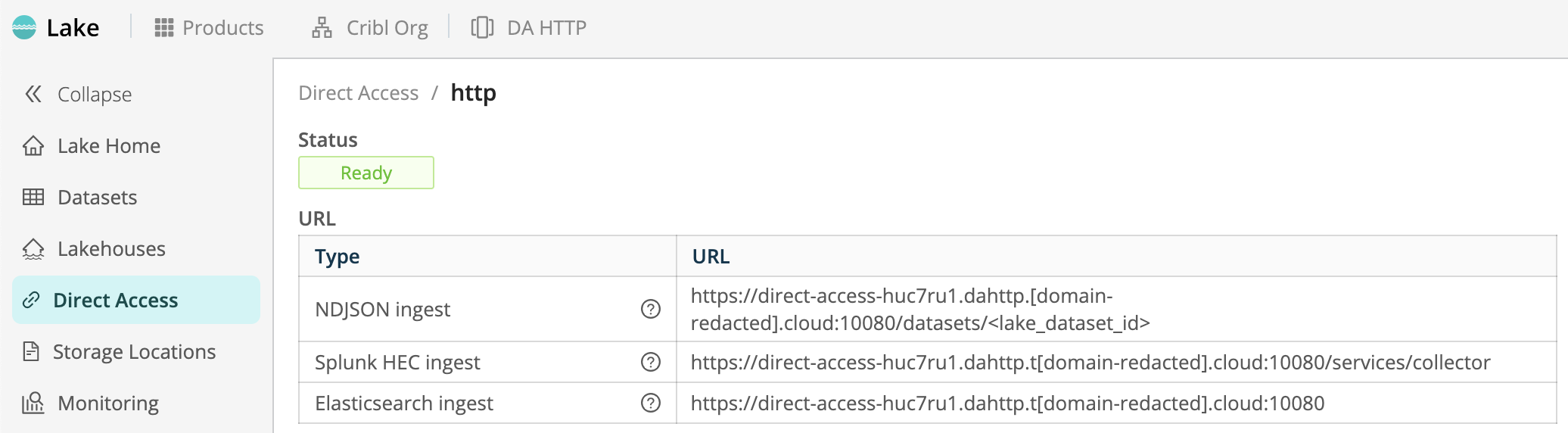 Screenshot of Direct Access (HTTP) configuration showing “Ready” badge and “URL” table of ingest endpoints..