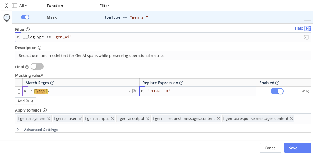 Mask Function that redacts GenAI request and response text fields while preserving operational metrics