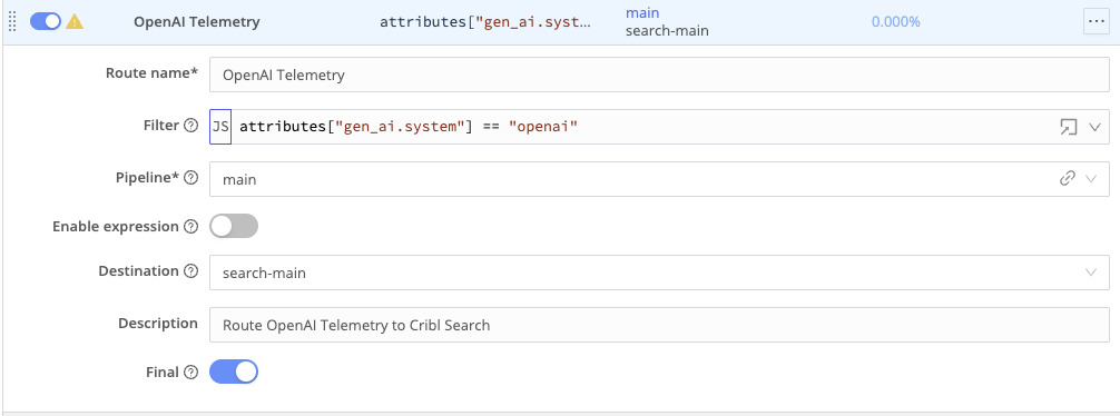 Route in Cribl Stream that sends OpenAI telemetry to the Cribl Search Destination