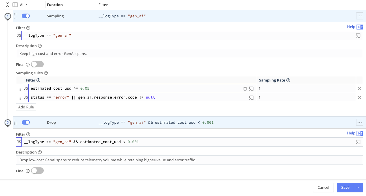 Sampling and Drop Functions that retain high-cost and error GenAI spans while dropping low-cost traffic