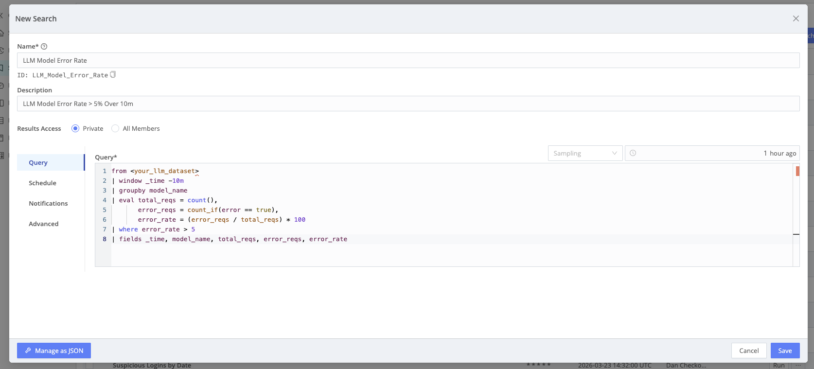 Query for monitoring LLM model error rate that can be saved as a Scheduled Search with Notifications