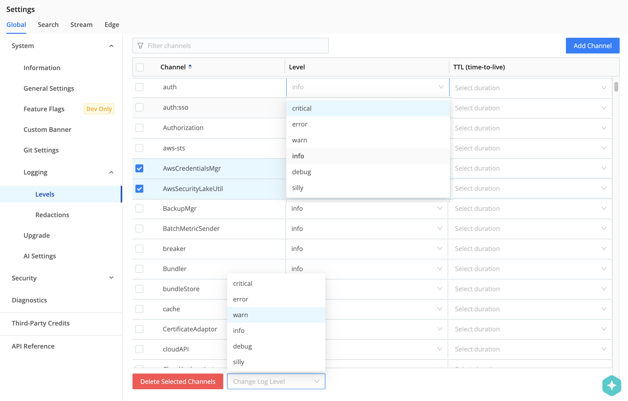 Levels page for managing logging levels