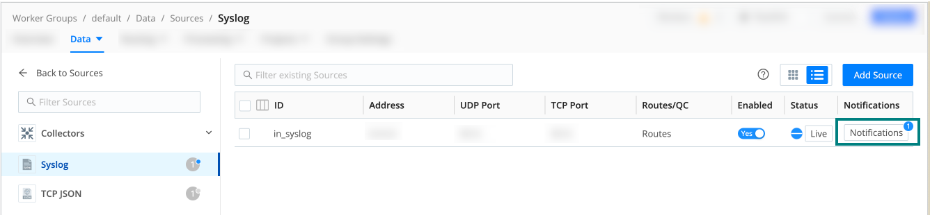 List view of a configured Source with Notifications