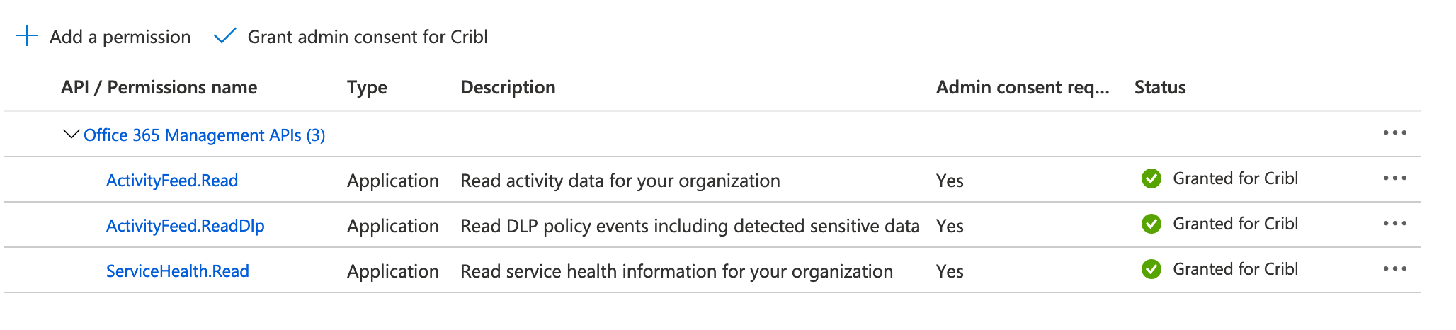 Registered application permissions