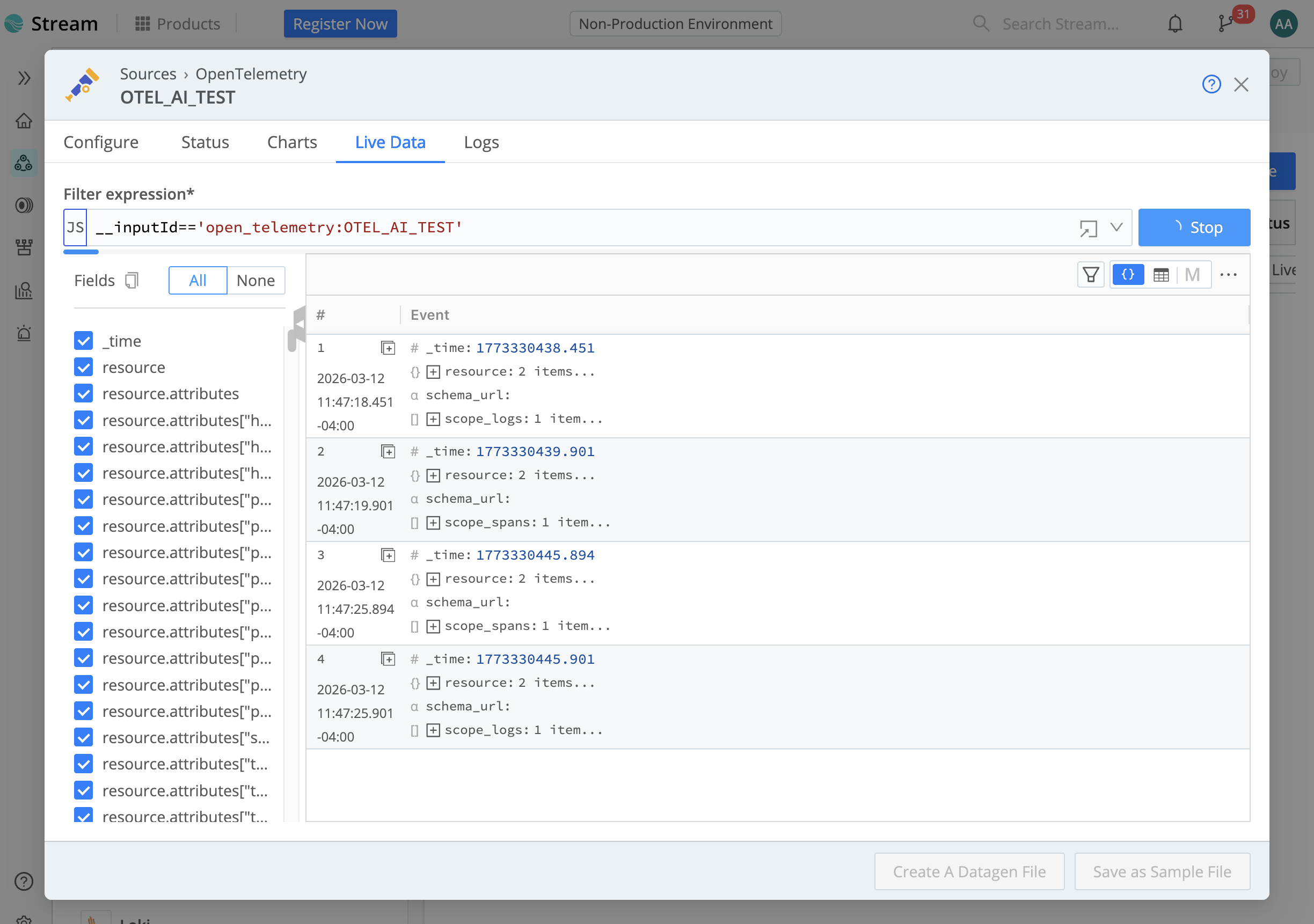 Live Data capture for the OTel Source with OpenAI application traffic