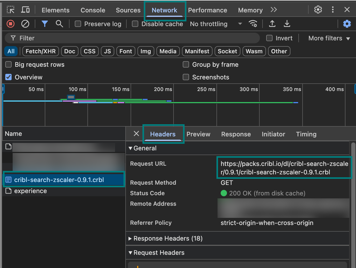 Location of Pack URL in Browser’s Developer Tools