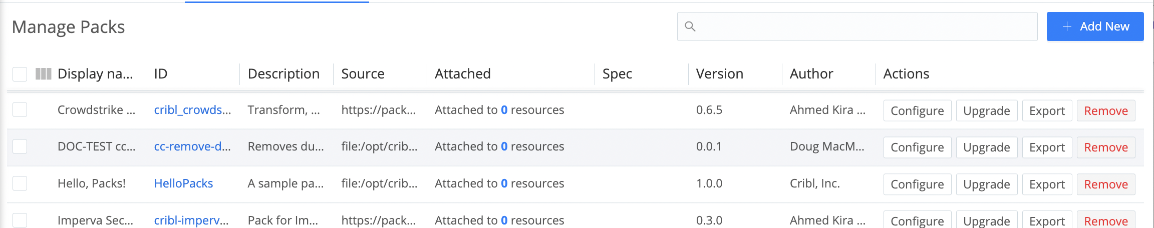 Manage Packs page