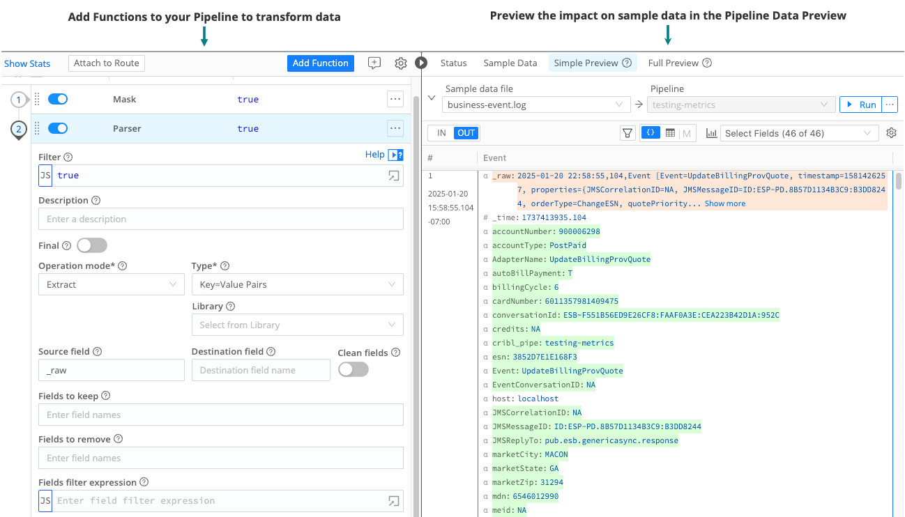 Add Functions to your Pipeline to transform data, then preview the impact on sample data in the Data Preview