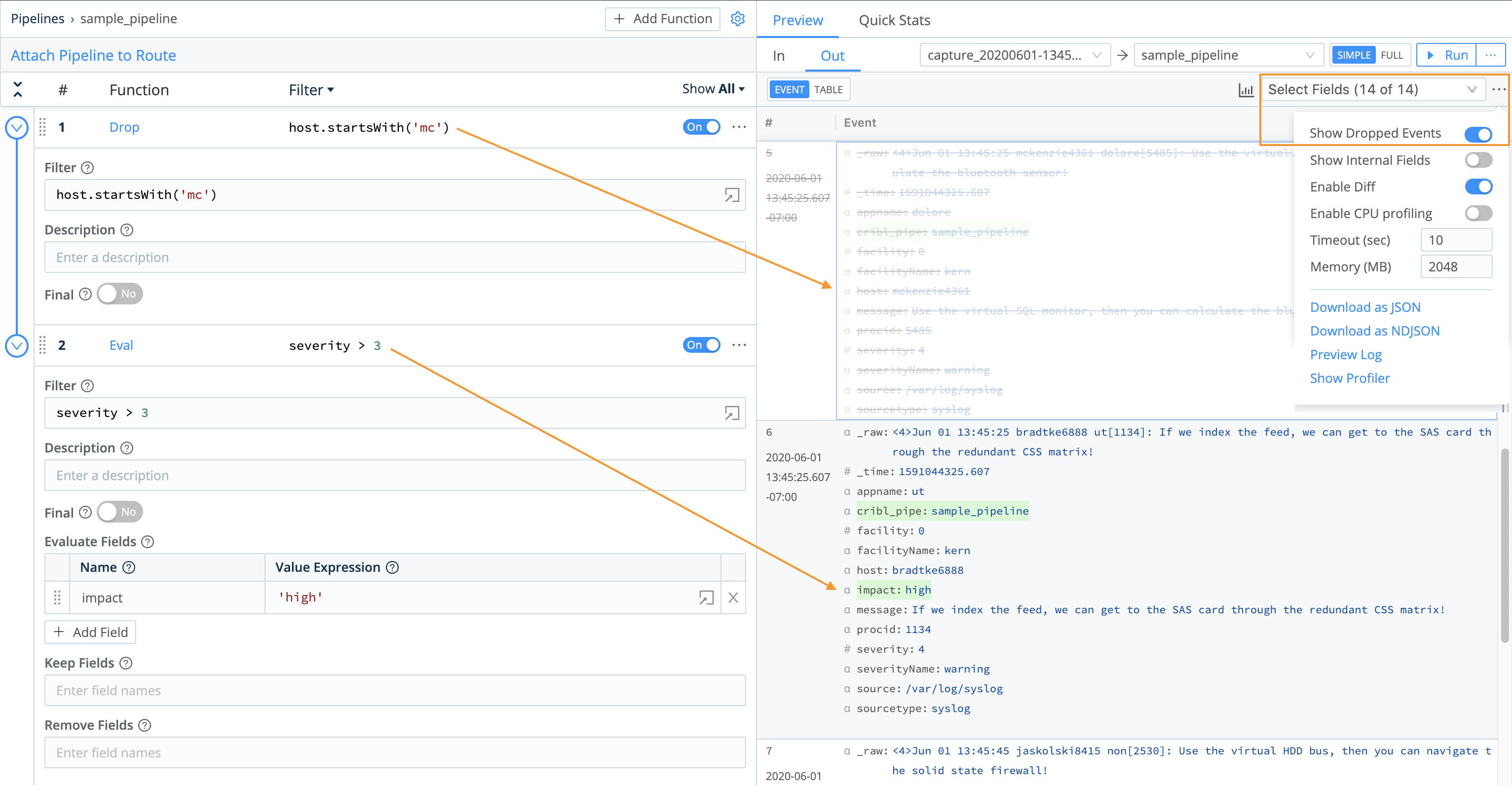 Dropped and added fields in a Pipeline’s output