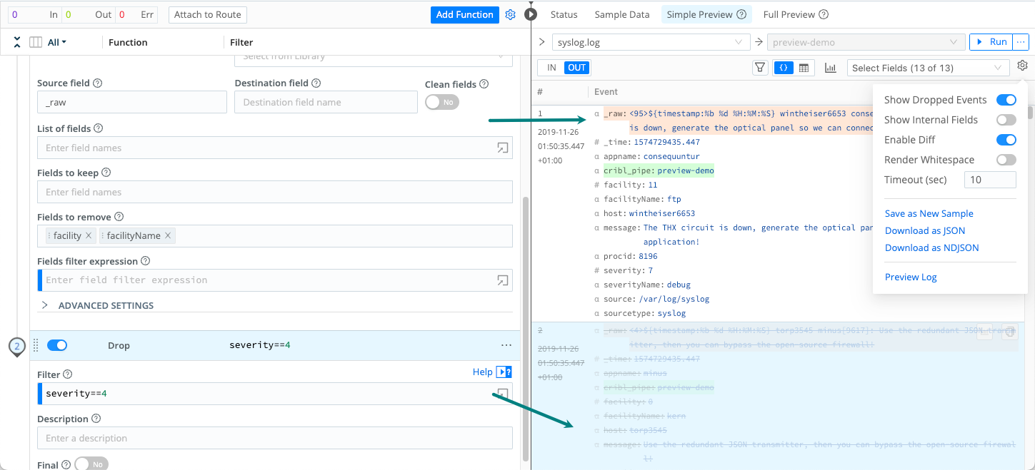 Dropped and added fields in a Pipeline’s output